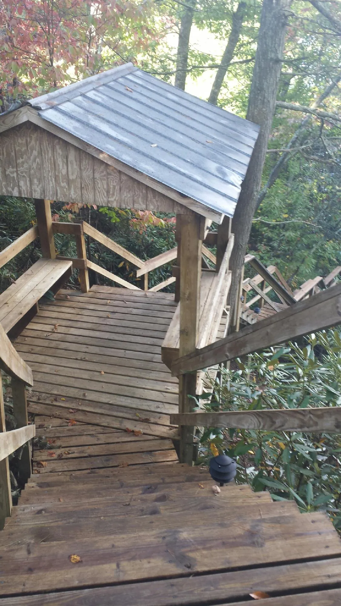 Metal roofed shelter over wooden steps on a wooded walkway — Skylight Repair & Installation work by our crew in Boyce